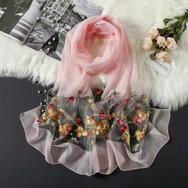 Elegant Versatile Embroidered Silk Scarf For Women Thin
