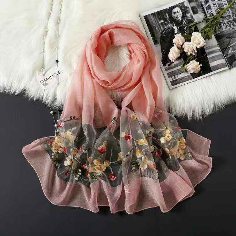 Elegant Versatile Embroidered Silk Scarf For Women Thin