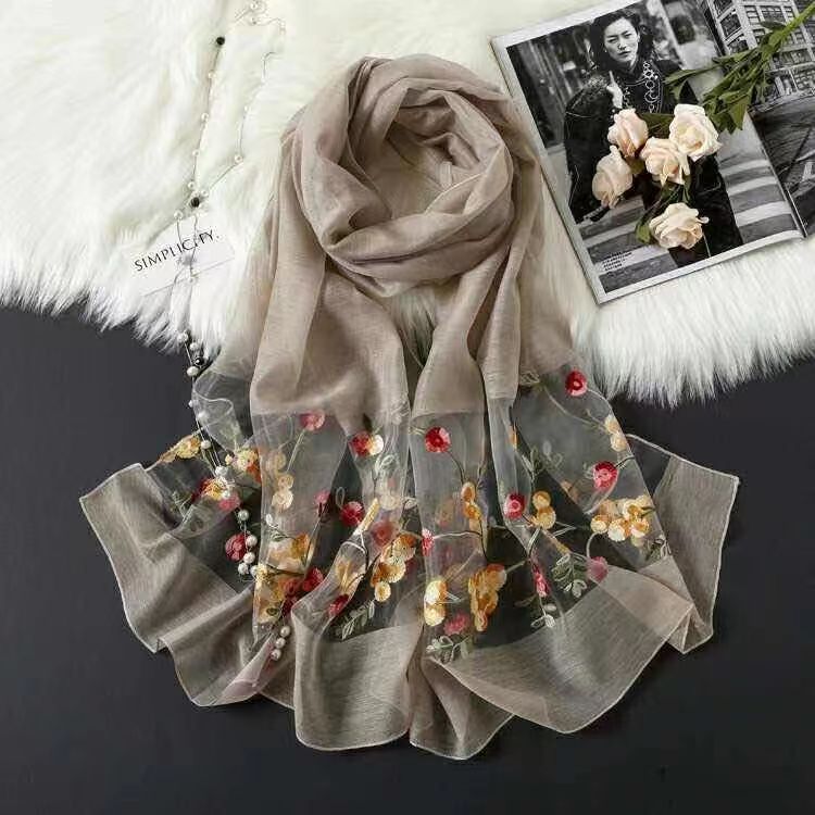 Elegant Versatile Embroidered Silk Scarf For Women Thin