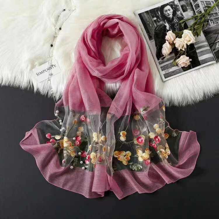 Elegant Versatile Embroidered Silk Scarf For Women Thin